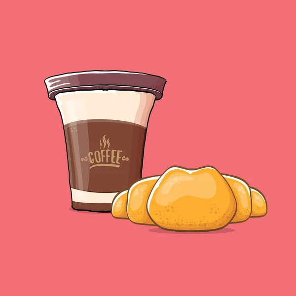 Kaffe och croissant isolerad på rosa bakgrund. vektor kaffekopp med tårta — Stock vektor