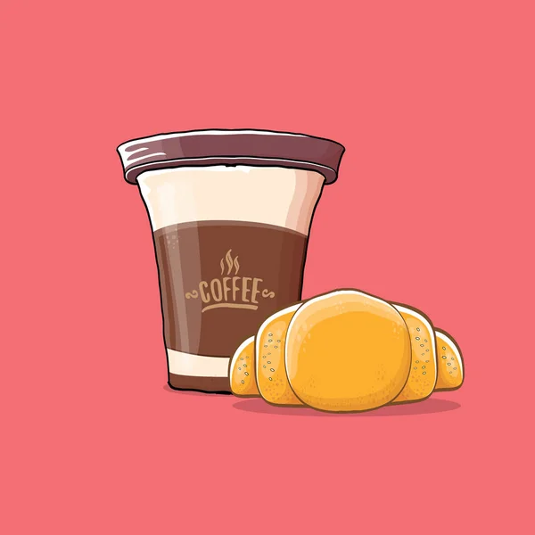 Café y croissant aislados sobre fondo rosa. taza de café vector con pastel — Vector de stock