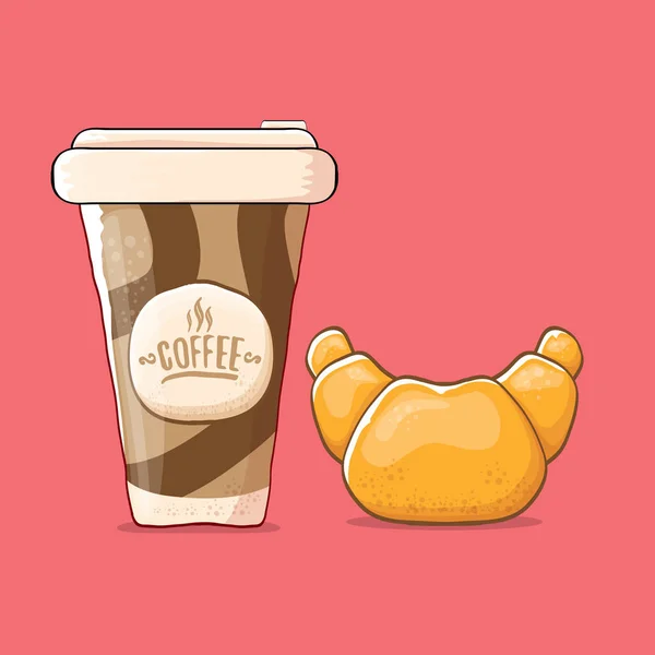 Café et croissant isolés sur fond rose. tasse de café vecteur avec gâteau — Image vectorielle