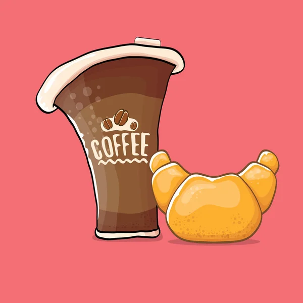 Café et croissant isolés sur fond rose. tasse de café vectoriel avec gâteau style dessin animé. Bonjour illustration — Image vectorielle