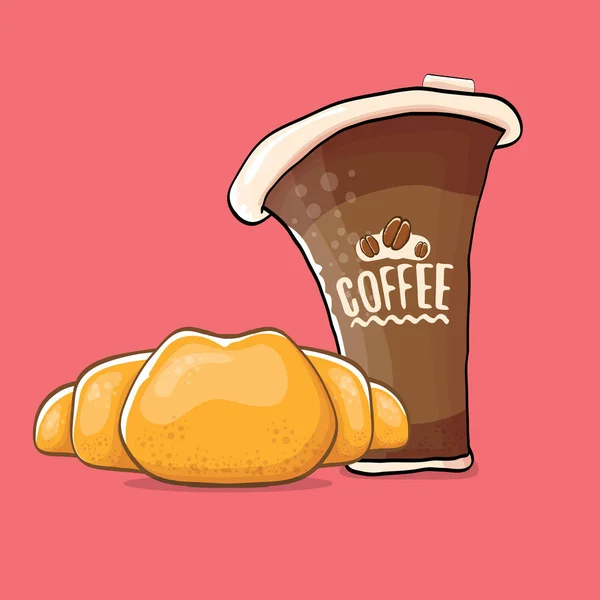 Kahve ve kruvasan, pembe arka plan izole. kahve kek karikatür tarzı ile vektör. Günaydın illüstrasyon — Stok Vektör