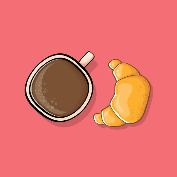 Kaffee und Croissant isoliert auf rosa Hintergrund. Vektor Draufsicht Kaffeetasse mit flachem Kuchen Cartoon-Stil. Guten Morgen — Stockvektor