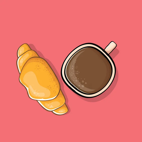 Café e croissant isolado no fundo rosa. vetor copo de café vista superior com flat lay estilo cartoon bolo. Bom dia ilustração — Vetor de Stock