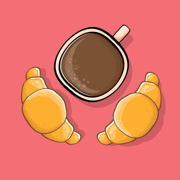 Kaffee und Croissant isoliert auf rosa Hintergrund. Vektor Draufsicht Kaffeetasse mit flachem Kuchen Cartoon-Stil. Guten Morgen — Stockvektor