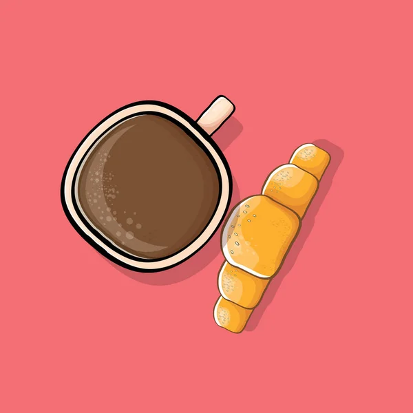 Café e croissant isolado no fundo rosa. vetor copo de café vista superior com flat lay estilo cartoon bolo. Bom dia ilustração — Vetor de Stock