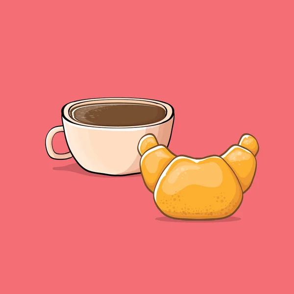 Caffè e croissant isolati su fondo rosa. tazza di caffè vettoriale con torta stile cartone animato. Buongiorno illustrazione — Vettoriale Stock