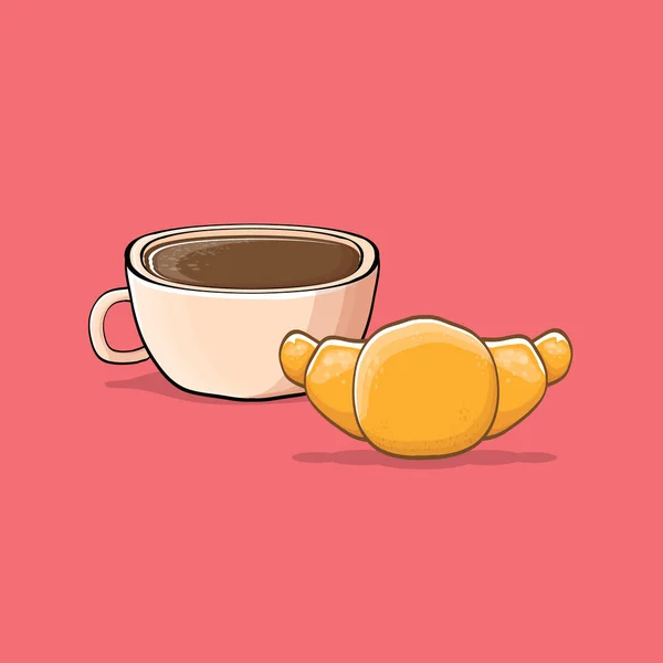 Caffè e croissant isolati su fondo rosa. tazza di caffè vettoriale con torta stile cartone animato. Buongiorno illustrazione — Vettoriale Stock