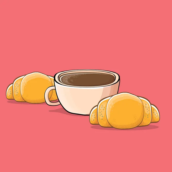 Café y croissant aislados sobre fondo rosa. taza de café vector con pastel estilo de dibujos animados. Buenos días ilustración — Vector de stock