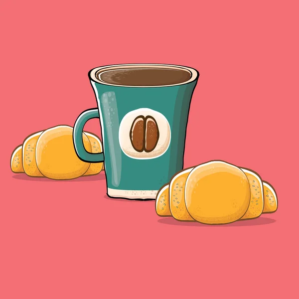 Kaffee und Croissant isoliert auf rosa Hintergrund. Vektor Kaffeetasse mit Kuchen Cartoon-Stil. Guten Morgen — Stockvektor