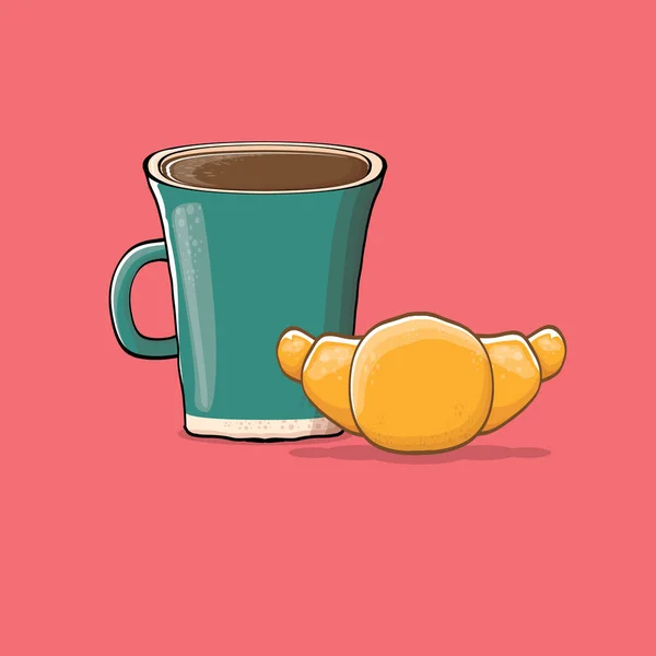 Kaffee und Croissant isoliert auf rosa Hintergrund. Vektor Kaffeetasse mit Kuchen Cartoon-Stil. Guten Morgen — Stockvektor