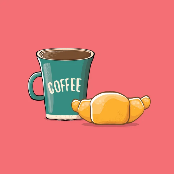 Café y croissant aislados sobre fondo rosa. taza de café vector con pastel estilo de dibujos animados. Buenos días ilustración — Vector de stock