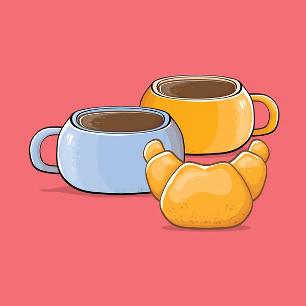 コーヒーとクロワッサンのピンクの背景に分離されました。ベクターの漫画のスタイルのケーキとコーヒー カップ。おはようの図 — ストックベクタ