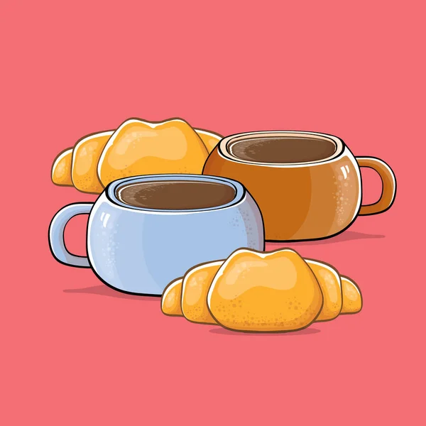 Café y croissant aislados sobre fondo rosa. taza de café vector con pastel estilo de dibujos animados. Buenos días ilustración — Vector de stock