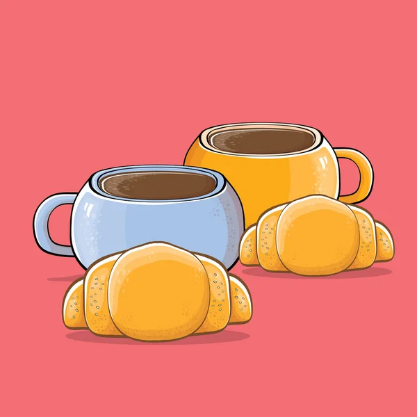 Café y croissant aislados sobre fondo rosa. taza de café vector con pastel estilo de dibujos animados. Buenos días ilustración — Vector de stock