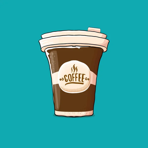 Coffee cup isolated on turquoise background . vector coffee paper color cup with hot coffee and color label — Stock Vector