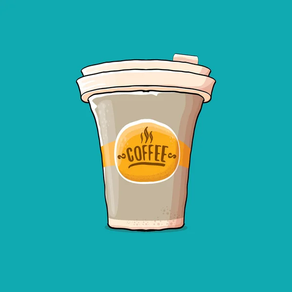 Taza de café aislada sobre fondo turquesa. taza de color de papel de café vector con café caliente y etiqueta de color — Vector de stock