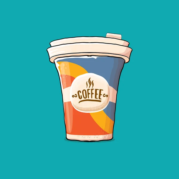 Tasse de café isolé sur fond turquoise. tasse de couleur de papier de café vectoriel avec café chaud et étiquette de couleur — Image vectorielle