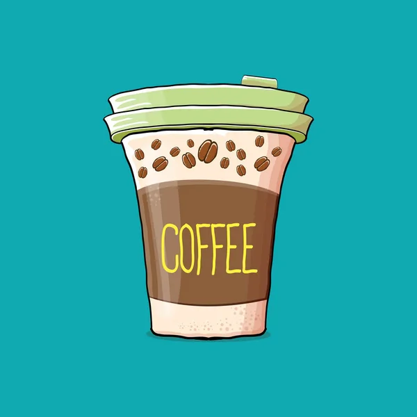 Xícara de café isolado em fundo turquesa. copo de cor de papel de café vetorial com café quente e etiqueta de cor — Vetor de Stock