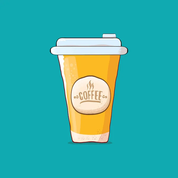 Coffee cup isolated on turquoise background . vector coffee paper color cup with hot coffee and color label — Stock Vector