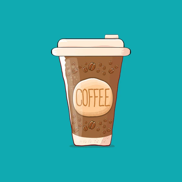 Xícara de café isolado em fundo turquesa. copo de cor de papel de café vetorial com café quente e etiqueta de cor — Vetor de Stock
