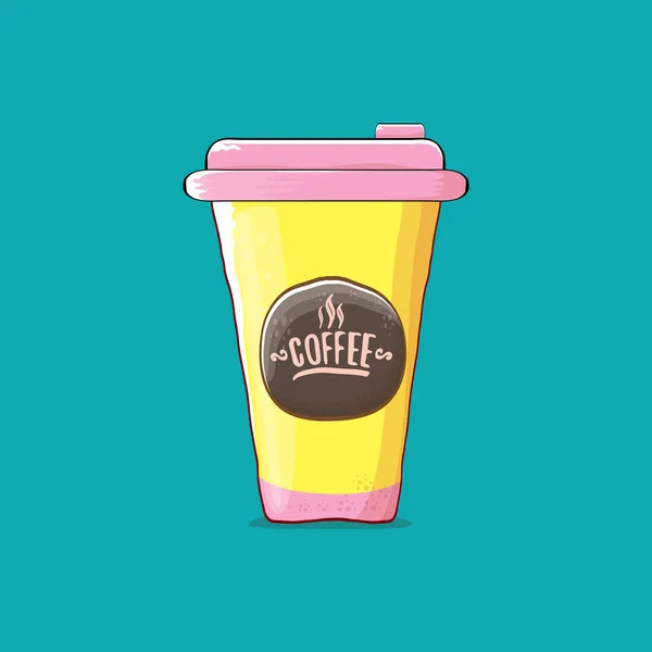 Xícara de café isolado em fundo turquesa. copo de cor de papel de café vetorial com café quente e etiqueta de cor —  Vetores de Stock