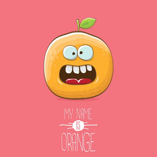 Vektor lustig Cartoon niedlichen orangefarbenen Charakter isoliert auf rosa Hintergrund. Mein Name ist Orange Vektor Konzept. Super funky Zitrusfrüchte Sommer Essen Charakter — Stockvektor