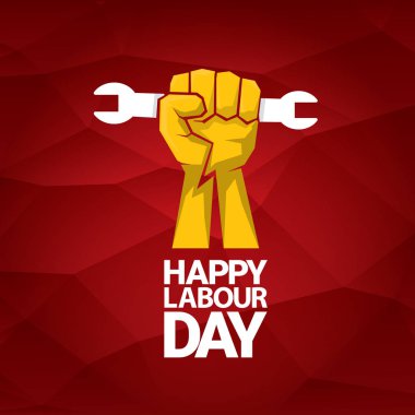 Mutlu İşçi Bayramı vektör etiket ile kırmızı bir arka plan üzerinde güçlü turuncu yumruk. İşçi Bayramı arka plan veya afiş adam el ile. Mayıs günü poster