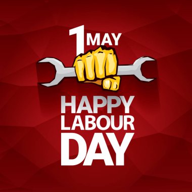 Mutlu İşçi Bayramı vektör etiket ile kırmızı bir arka plan üzerinde güçlü turuncu yumruk. İşçi Bayramı arka plan veya afiş adam el ile. Mayıs günü poster