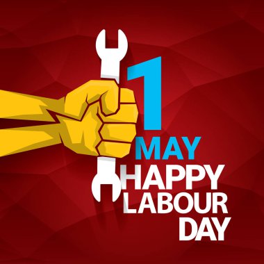 Mutlu İşçi Bayramı vektör etiket ile kırmızı bir arka plan üzerinde güçlü turuncu yumruk. İşçi Bayramı arka plan veya afiş adam el ile. Mayıs günü poster