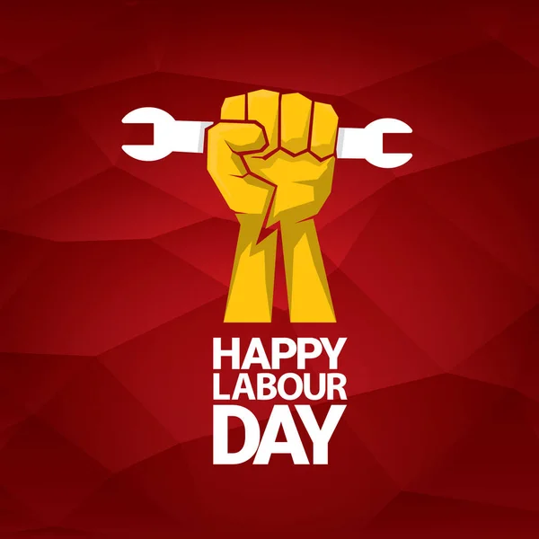 Boldog ünnepe vektor címke erős narancssárga ököl, piros háttér. munkaerő-nap háttér vagy banner a férfi kezét. május elsejei poszter — Stock Vector