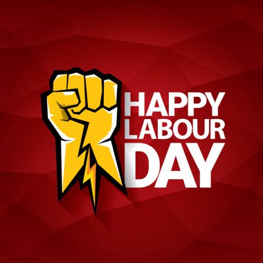 Mutlu İşçi Bayramı vektör etiket ile kırmızı bir arka plan üzerinde güçlü turuncu yumruk. İşçi Bayramı arka plan veya afiş adam el ile. Mayıs günü poster