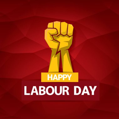 Mutlu İşçi Bayramı vektör etiket ile kırmızı bir arka plan üzerinde güçlü turuncu yumruk. İşçi Bayramı arka plan veya afiş adam el ile. Mayıs günü poster