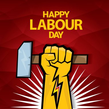 Mutlu İşçi Bayramı vektör etiket ile kırmızı bir arka plan üzerinde güçlü turuncu yumruk. İşçi Bayramı arka plan veya afiş adam el ile. Mayıs günü poster