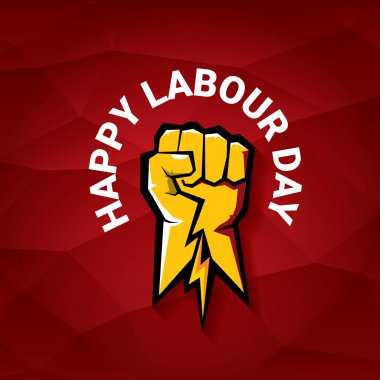 Mutlu İşçi Bayramı vektör etiket ile kırmızı bir arka plan üzerinde güçlü turuncu yumruk. İşçi Bayramı arka plan veya afiş adam el ile. Mayıs günü poster