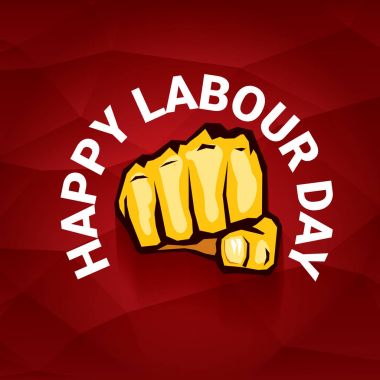 Mutlu İşçi Bayramı vektör etiket ile kırmızı bir arka plan üzerinde güçlü turuncu yumruk. İşçi Bayramı arka plan veya afiş adam el ile. Mayıs günü poster