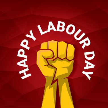 Mutlu İşçi Bayramı vektör etiket ile kırmızı bir arka plan üzerinde güçlü turuncu yumruk. İşçi Bayramı arka plan veya afiş adam el ile. Mayıs günü poster