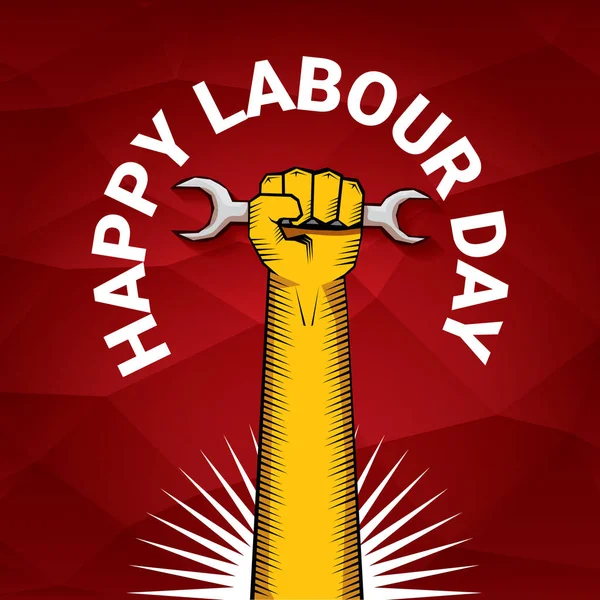 Mutlu İşçi Bayramı vektör etiket ile kırmızı bir arka plan üzerinde güçlü turuncu yumruk. İşçi Bayramı arka plan veya afiş adam el ile. Mayıs günü poster — Stok Vektör