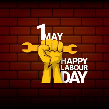 Mutlu İşçi Bayramı vektör etiketi ile güçlü turuncu yumruk üzerinde kırmızı tuğla duvar arka plan. mutlu İşçi Bayramı arka plan veya afiş adam el ile vektör. işçiler Mayıs günü poster
