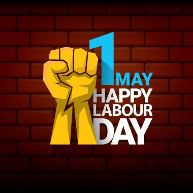Mutlu İşçi Bayramı vektör etiketi ile güçlü turuncu yumruk üzerinde kırmızı tuğla duvar arka plan. mutlu İşçi Bayramı arka plan veya afiş adam el ile vektör. işçiler Mayıs günü poster
