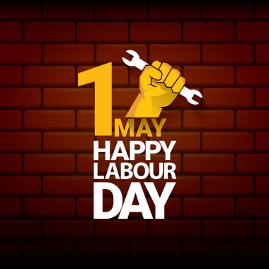 Mutlu İşçi Bayramı vektör etiketi ile güçlü turuncu yumruk üzerinde kırmızı tuğla duvar arka plan. mutlu İşçi Bayramı arka plan veya afiş adam el ile vektör. işçiler Mayıs günü poster