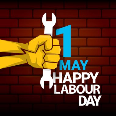 Mutlu İşçi Bayramı vektör etiketi ile güçlü turuncu yumruk üzerinde kırmızı tuğla duvar arka plan. mutlu İşçi Bayramı arka plan veya afiş adam el ile vektör. işçiler Mayıs günü poster
