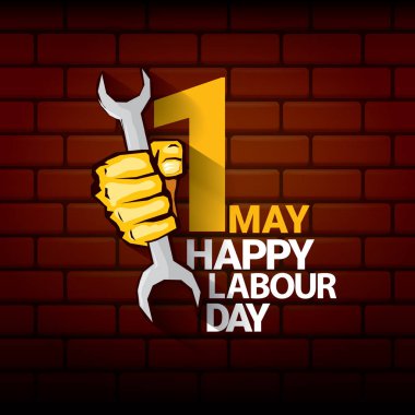 Mutlu İşçi Bayramı vektör etiketi ile güçlü turuncu yumruk üzerinde kırmızı tuğla duvar arka plan. mutlu İşçi Bayramı arka plan veya afiş adam el ile vektör. işçiler Mayıs günü poster