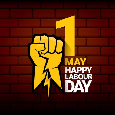 Mutlu İşçi Bayramı vektör etiketi ile güçlü turuncu yumruk üzerinde kırmızı tuğla duvar arka plan. mutlu İşçi Bayramı arka plan veya afiş adam el ile vektör. işçiler Mayıs günü poster