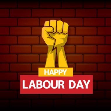 Mutlu İşçi Bayramı vektör etiketi ile güçlü turuncu yumruk üzerinde kırmızı tuğla duvar arka plan. mutlu İşçi Bayramı arka plan veya afiş adam el ile vektör. işçiler Mayıs günü poster