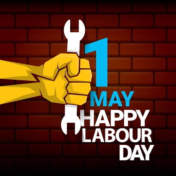 Mutlu İşçi Bayramı vektör etiketi ile güçlü turuncu yumruk üzerinde kırmızı tuğla duvar arka plan. mutlu İşçi Bayramı arka plan veya afiş adam el ile vektör. işçiler Mayıs günü poster