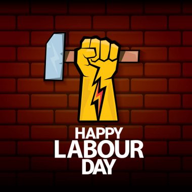 Mutlu İşçi Bayramı vektör etiketi ile güçlü turuncu yumruk üzerinde kırmızı tuğla duvar arka plan. mutlu İşçi Bayramı arka plan veya afiş adam el ile vektör. işçiler Mayıs günü poster