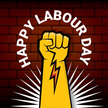 Mutlu İşçi Bayramı vektör etiketi ile güçlü turuncu yumruk üzerinde kırmızı tuğla duvar arka plan. mutlu İşçi Bayramı arka plan veya afiş adam el ile vektör. işçiler Mayıs günü poster