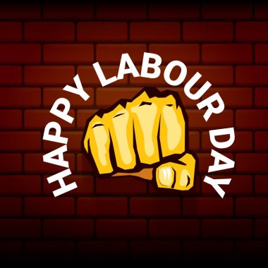 Mutlu İşçi Bayramı vektör etiketi ile güçlü turuncu yumruk üzerinde kırmızı tuğla duvar arka plan. mutlu İşçi Bayramı arka plan veya afiş adam el ile vektör. işçiler Mayıs günü poster