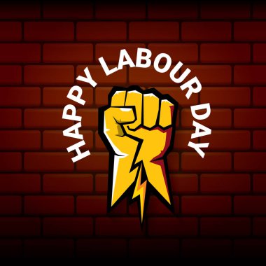 Mutlu İşçi Bayramı vektör etiketi ile güçlü turuncu yumruk üzerinde kırmızı tuğla duvar arka plan. mutlu İşçi Bayramı arka plan veya afiş adam el ile vektör. işçiler Mayıs günü poster
