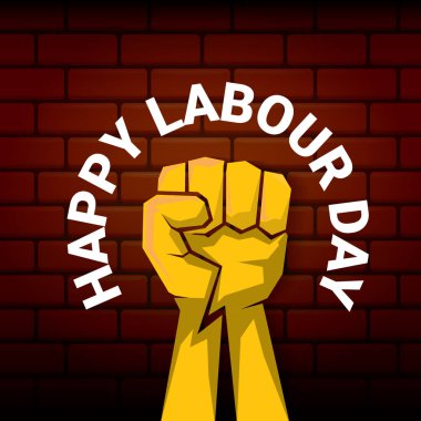 Mutlu İşçi Bayramı vektör etiketi ile güçlü turuncu yumruk üzerinde kırmızı tuğla duvar arka plan. mutlu İşçi Bayramı arka plan veya afiş adam el ile vektör. işçiler Mayıs günü poster